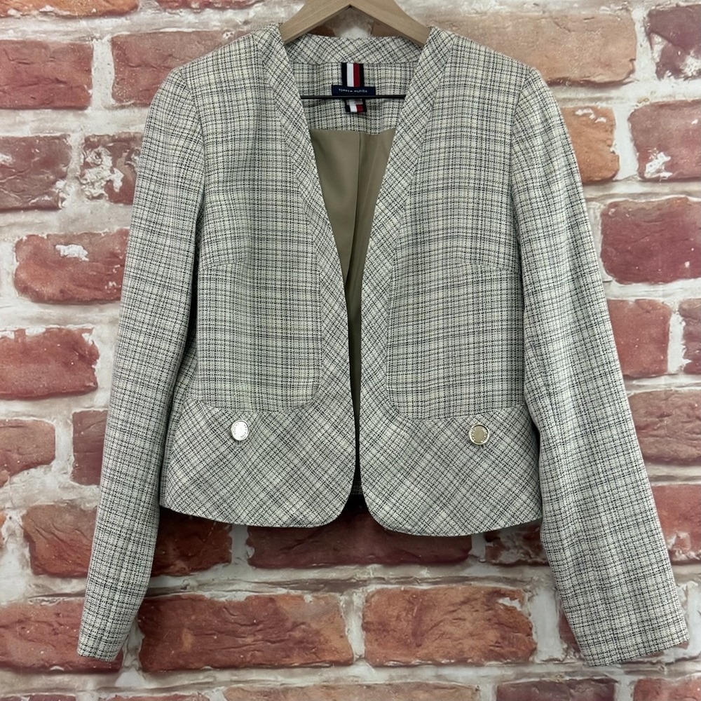 Tommy Hilfiger Blazer Women's Multicolor Plaid Boucle Work Career Wear Jacket
